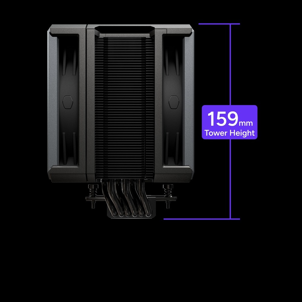 Chladič CPU Cooler Master Hyper 612 Apex, 2x120 mm čierny Chladič CPU s dvojitými čiernymi ventilátormi po stranách a čiernym centrálnym chladičom. Popis „Výška veže 159 mm“ s fialovou bublinou na pozadí.