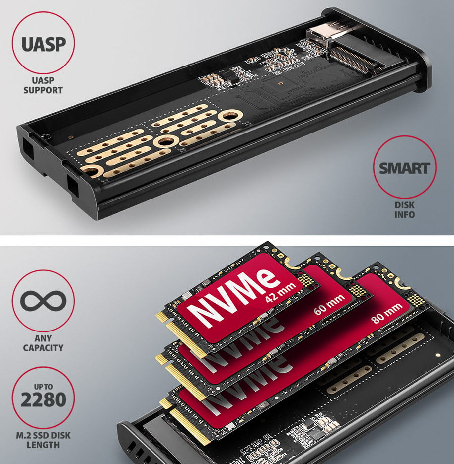 Na obrázku je otvorený externý box AXAGON pre M.2 SSD a vedľa neho ukážka podporovaných NVMe modulov. Horná časť zobrazuje vnútro boxu s elektronikou, konektorom na zasunutie disku a ikonami UASP Support a SMART Disk Info. Spodná časť ukazuje tri SSD moduly rôznych dĺžok – 42 mm, 60 mm a 80 mm – vložené nad boxom, čo zdôrazňuje podporu viacerých formátov až do veľkosti 2280.