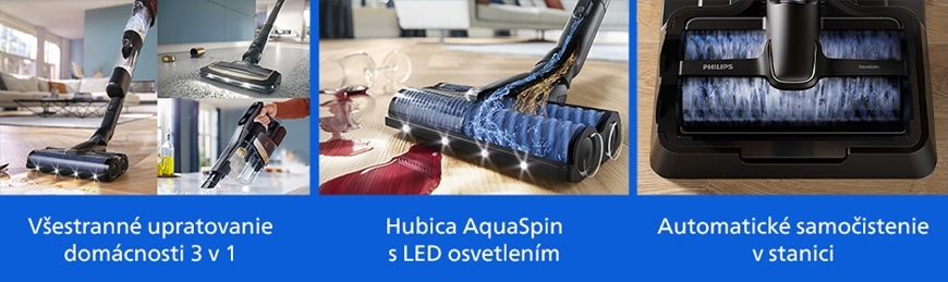 Viacúčelový vysávač Philips 9000 Series AquaTrio XW9465/11 čierny Viacúčelový vysávač Philips XW9465/11 umožňuje vysávanie, vytieranie aj mokré čistenie v jednom kroku, ponúka hubicu AquaSpin s LED osvetlením a automatické samočistenie v stanici pre jednoduchú údržbu.