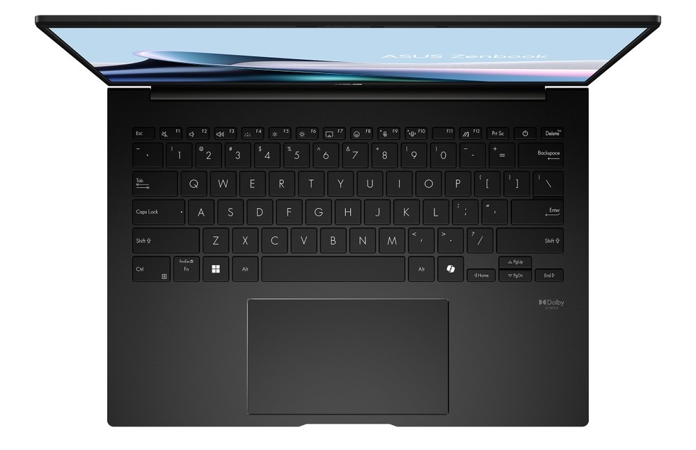 Notebook Asus Zenbook 14 OLED čierny Pohľad zhora na klávesnici notebooku Asus Zenbook 14″ width=