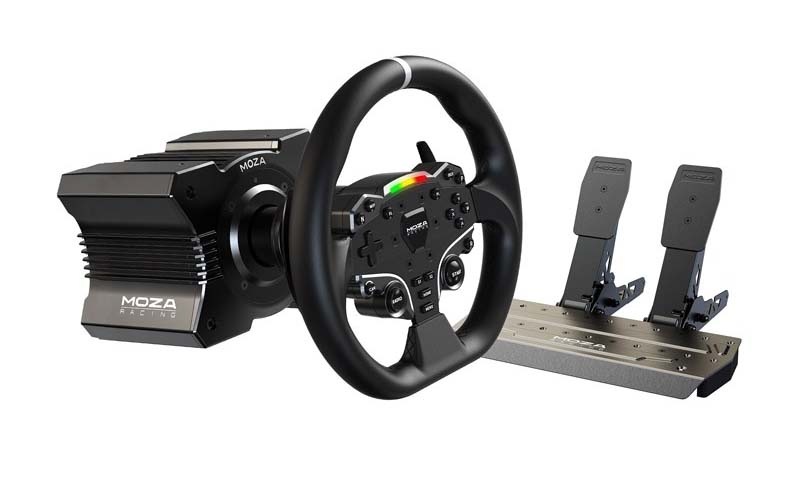 Súprava Moza Racing R5 + volant ES + SRP-Lite + svorky R5 v čiernej a šedivej farbe.