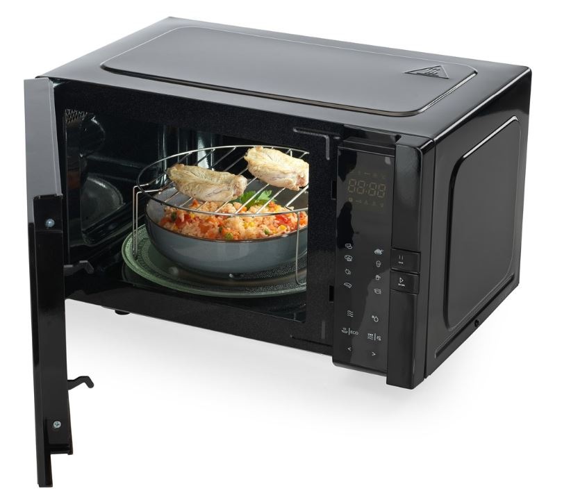 Mikrovlnná rúra Hisense H25MOBS4HGI Invertor čierna Mikrovlnná rúra Hisense H25MOBS4HGI s otvorenými dvierkami, vo vnútri je pokrm