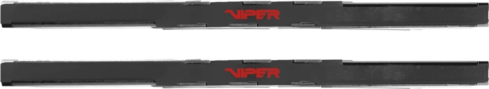 Pamäťový modul Patriot Viper Venom 32GB (2x16GB) DDR5 6000MHz CL30 Na obrázku sú dva pamäťové moduly Patriot Viper Venom zobrazené z boku. Moduly majú čierny chladič s decentným červeným logom Viper uprostred. Na rozdiel od RGB variantu tu nie je vidieť farebné podsvietenie, prevedenie pôsobí striedmejšie a jednoduchšie. Snímka zdôrazňuje nízky profil modulov a ich čierny herný dizajn.