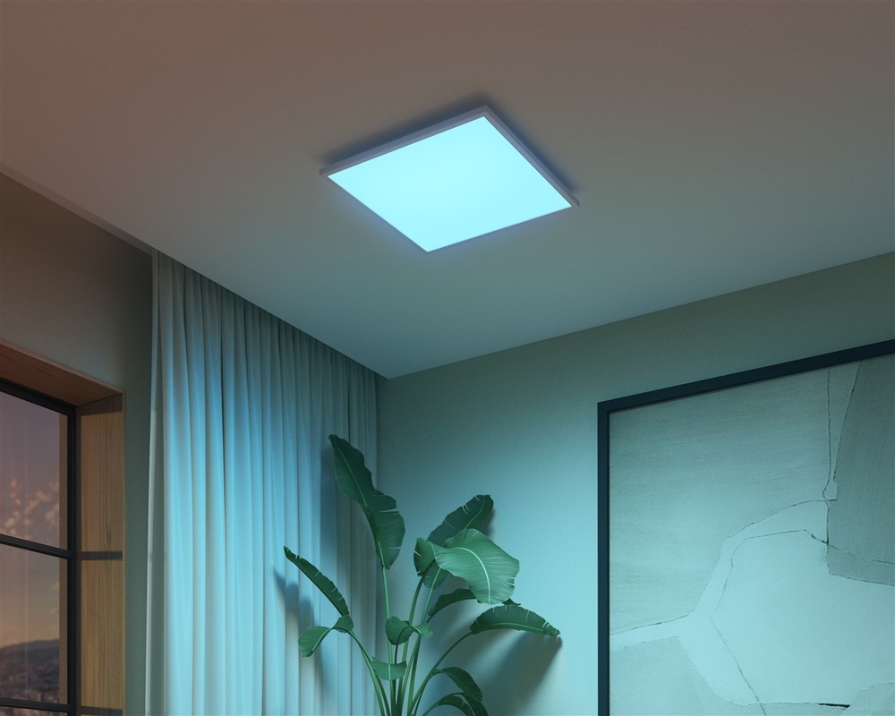 LED stropné svietidlo Philips Surimu Hue Panel, 60W, 60x60 cm, White and Color Ambiance biele Ukážka nasvietenia rohu izby pomocou Philips Surimu Hue