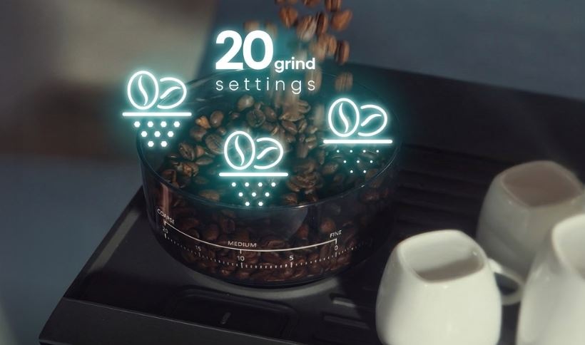 Espresso Hisense HSACM20LP antracitová farba detail na mlynček kávovaru Hisense HSACM20LP, ktorý je možné nastaviť v 3 urovniach