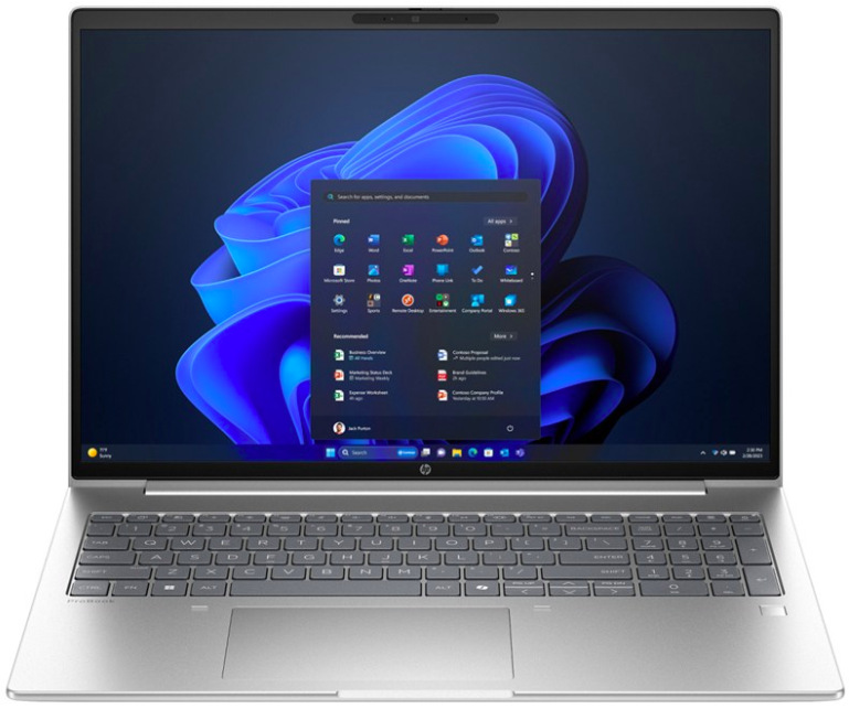 Strieborný notebook HP ProBook 4 G2a 16″ R7-250 spredu s otvoreným displejom