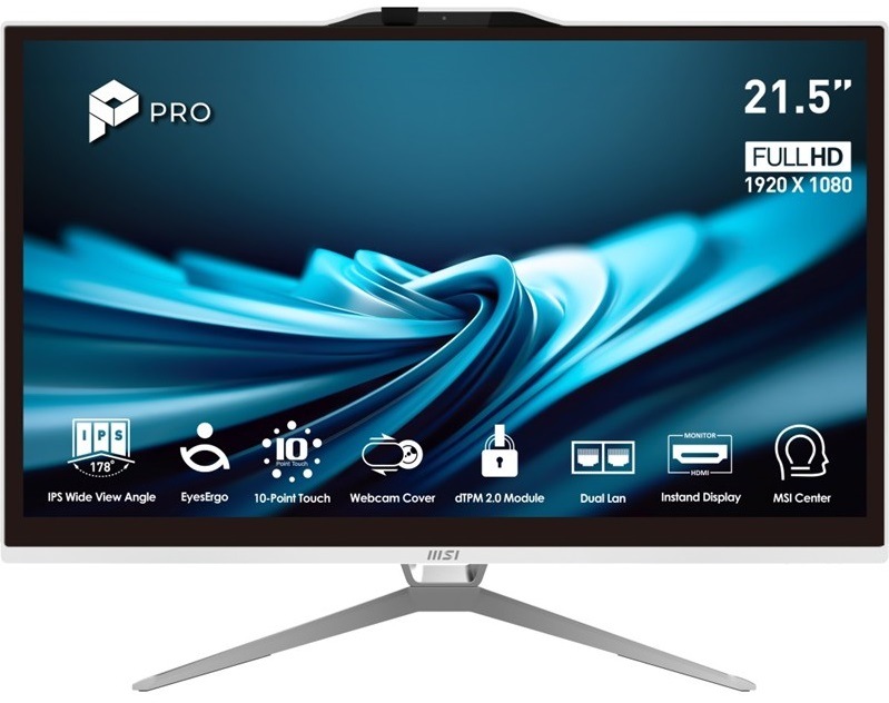 PC all in-one MSI PRO AP222T 14MA-649EU biely Elegantný biely All-in-One monitor MSI PRO, pohľad spredu pod uhlom, na modernom kovovom stojane.