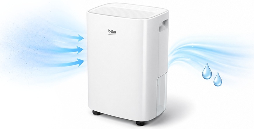Odvlhčovač Beko BDP010 biely Obrázok spusteného odvlhčovača.