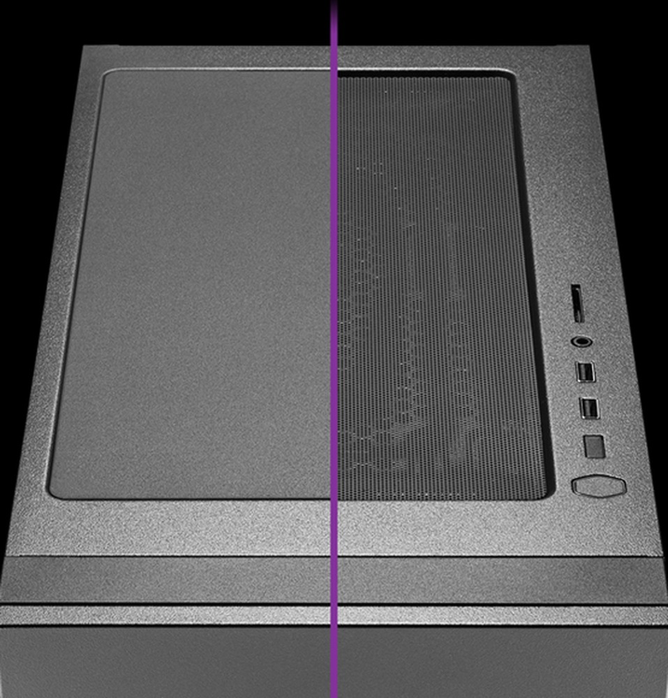 Case Cooler Master Silencio S400 Steel čierna Horný pohľad na skriňu počítača, vertikálne rozdelený fialovou čiarou. Ľavá strana je celá čierna, pravá strana má sieťované vetranie a porty na čiernom pozadí.