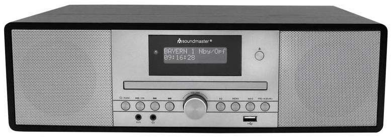 Rádioprijímač DAB+/CD Soundmaster DAB980SW čierny rádioprijímač Soundmaster DAB980SW, detail čelného panelu s digitálnym displejom, ovládacím kolieskom, USB portom a integrovanými reproduktormi