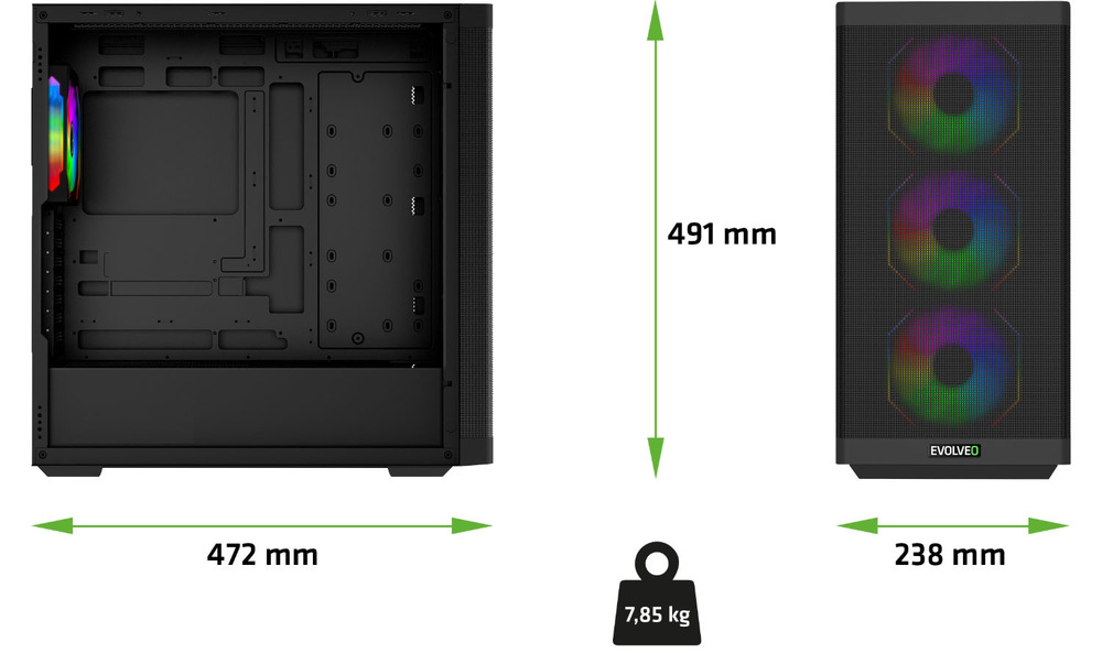Case Evolveo Scorpio čierna Podpora vodného chladenia 360 mm, 7 PCI slotov a šikovný cable management pripraví zostavu na upgrade
