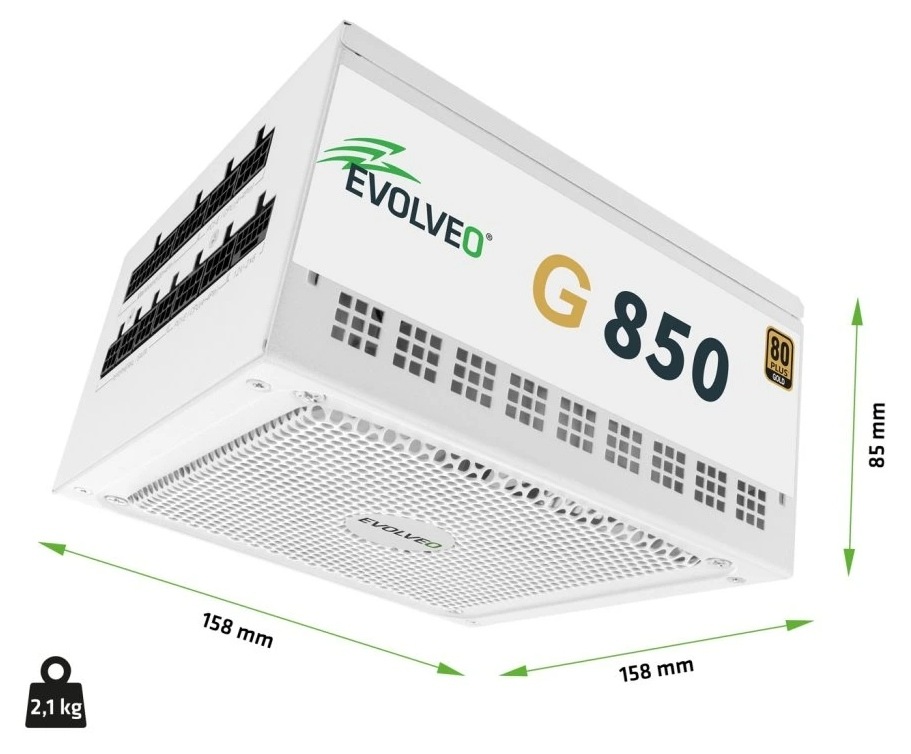 Zdroj Evolveo G850 White 850W 80+ Gold, ATX 3.1 biely Evolveo G850 80+ Gold je široký len 158 mm – zmestí sa aj do kompaktnej skrine
