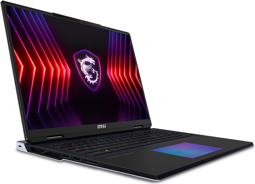 Notebook MSI Titan 18 HX A2WJ-1286CZ čierny Šikmý pohľad na notebook MSI Titan 18 HX vybavený modernou grafickou kartou so samostatnou pamäťou a AI boostom
