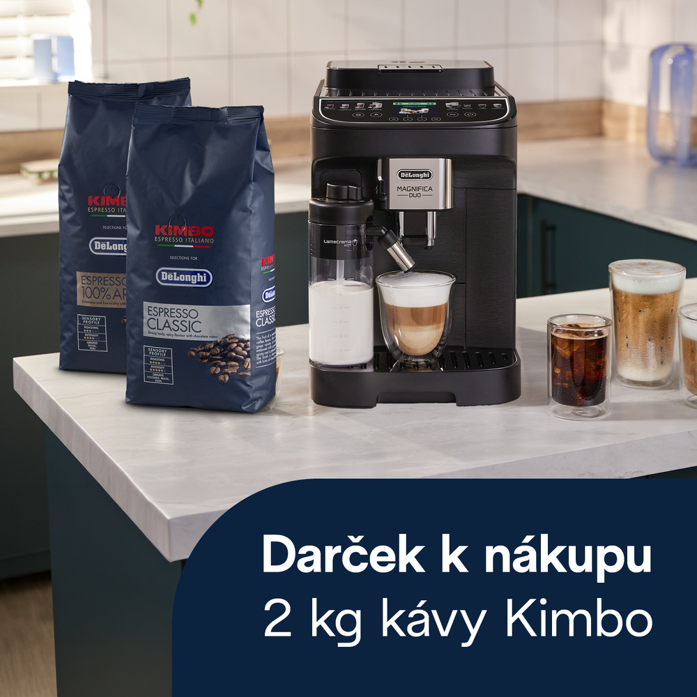 Automatický kávovar De'Longhi Magnifica DUO ECAM 330.80.BXB čierny/nerez De'Longhi Magnifica Duo spolu s dvoma baleniami kávy Kimbo, ktoré sú ponúkané ako darček k nákupu.