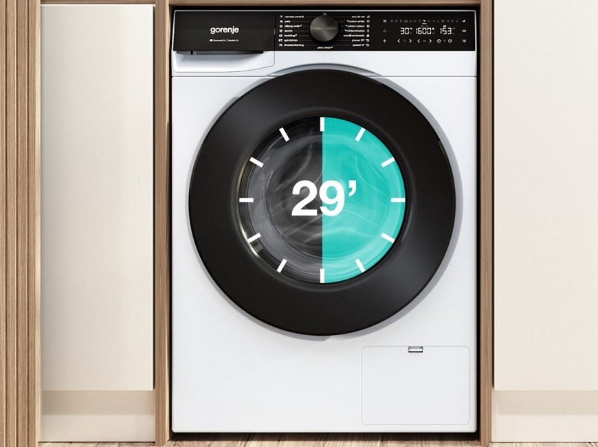 Práčka Gorenje G600 WG614A4P1 FastWashPro biela práčka gorenje FastWashPro av jej bubne sú vidieť hodiny s 29 minútami. Je to znázornenie kratkého programu.