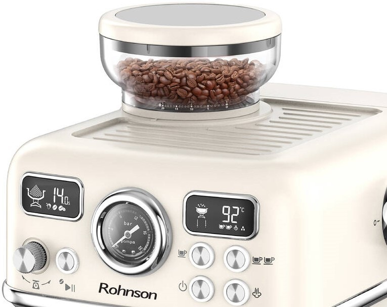 Pákový kávovar Rohnson R-98250C 2v1 krémový Na obrázku sa nachádza detail ovládacieho panelu a zásobník na kávové zrná.