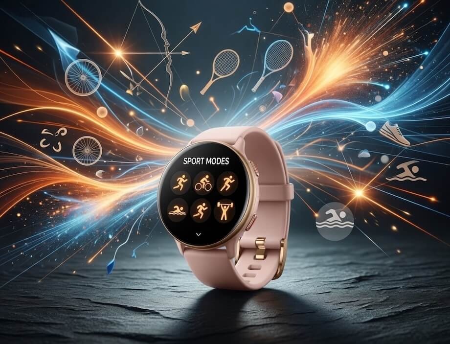 Inteligentné hodinky Carneo GTR Active HR+ ružové/zlaté Detail zápästia s hodinkami a ilustrácie tenisových rakiet, bicyklov či plavcov symbolizujúce širokú škálu podporovaných športov