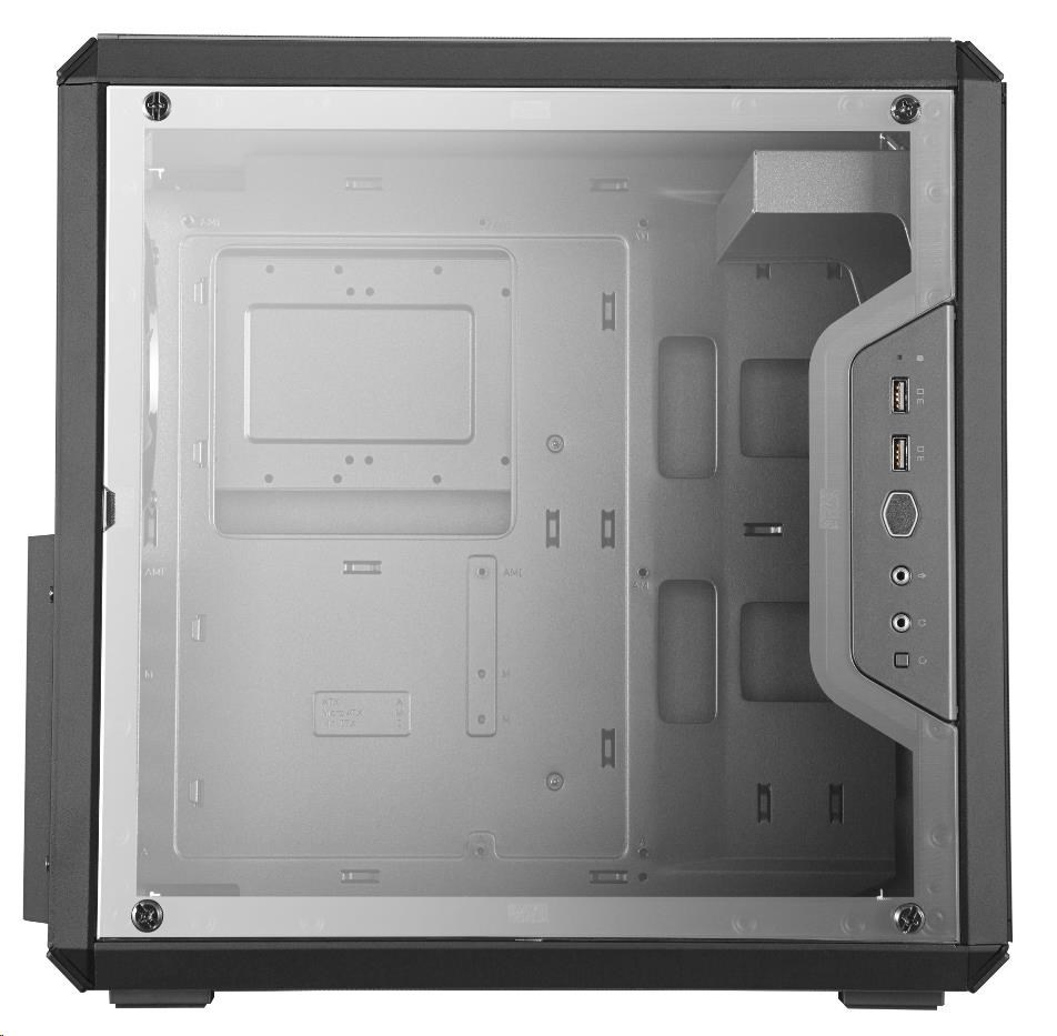 Case Cooler Master MasterBox Q500L čierna Priehľadná skriňa počítača s viditeľnými montážnymi bodmi a otvormi na vedenie káblov. Predný panel je vybavený dvoma USB portami a audio konektormi.