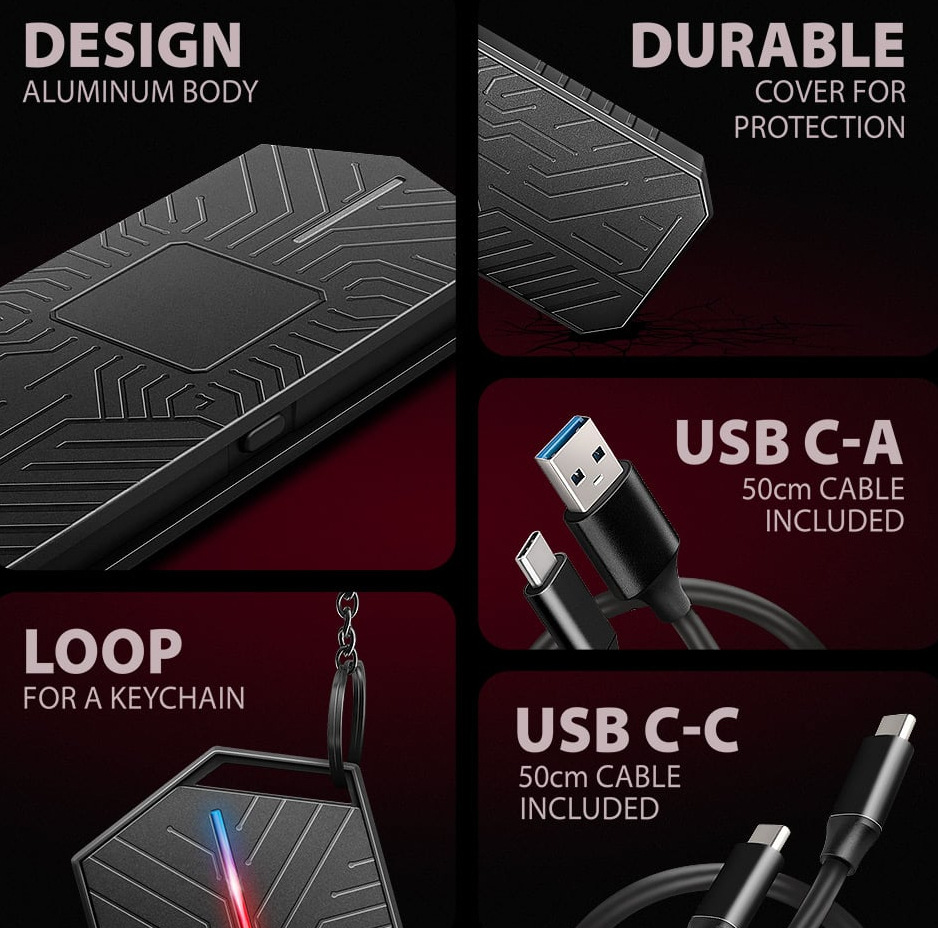 Na obrázku je reklamná koláž k externému boxu AXAGON GAME. Grafika je rozdelená do niekoľkých panelov na čierno-červenom pozadí a ukazuje hlavné prvky zariadenia. Vľavo hore je detail kovového tela s herným reliéfnym vzorom a textom o hliníkovom prevedení. Vpravo hore je zdôraznený ochranný kryt. Dole vľavo je box zavesený na krúžku ako prívesok a svieti na ňom úzky RGB pruh. Vpravo sú vyobrazené dodávané káble USB-C na USB-A a USB-C na USB-C.