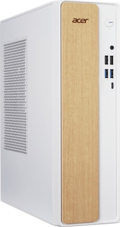 Počítač Acer Aspire XC-102 v úzkej bielej skrini s predným panelom v dekore svetlého dreva. Na prednej strane sú tlačidlo napájania, zvukový konektor, štyri porty USB-A a jeden USB-C. Ľavá bočnica je opatrená veľkou ventilačnou mriežkou.