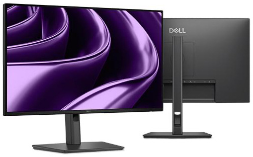 Predný a zadný pohľad na čierny monitor Dell Pro P2426H s tenkými rámčekmi, stredovým stojanom, otvorom na vedenie káblov a plochou obdĺžnikovou základňou.