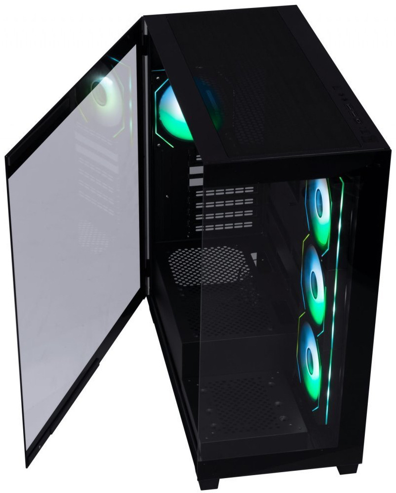 Case BitFenix CETO čierna Na fotke je čierna PC skriňa BitFenix CETO/CETO Cube z pohľadu cez ľavý predný bok a otvorenú sklenenú bočnicu. Skriňa má „panoramatické“ presklenie – priehľadné čelo a ľavá bočnica z tvrdeného skla, takže je vidieť dovnútra. ARGB ventilátory svietia na pravom boku (vnútorné bočné pozície) a jeden je vidieť aj vzadu, takže podsvietenie vytvára výrazný svetelný efekt aj pri pohľade z rohu skrine.