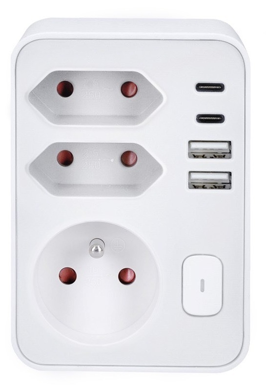 Rozbočka Solight 1× 16 A, 2× 2,5 A, 2× USB A+C, rýchlonabíjačka 20W PD, biela farba
