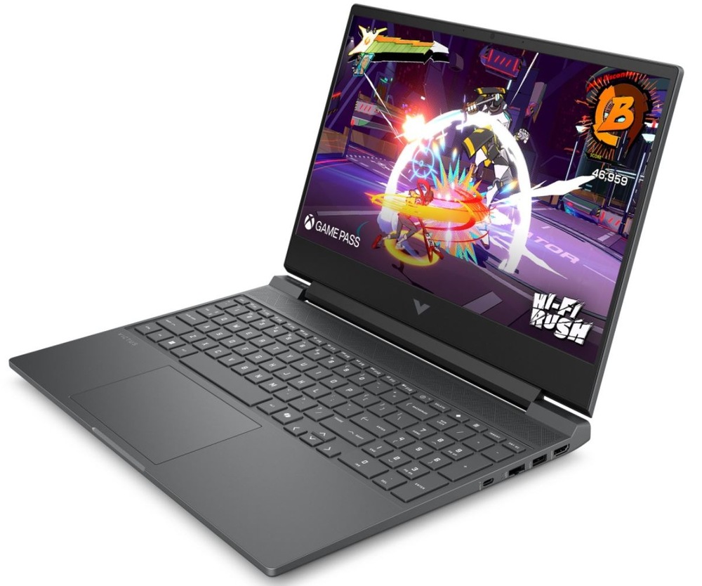 Notebook HP VICTUS 15-fa2002ncx + Game Pass predplatné na 2 mesiace sivý Notebook HP Victus 15-fa2001ncx šikmý pohľad spredu