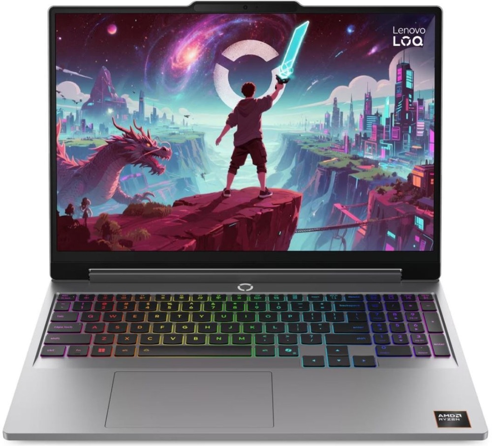 Otvorený notebook Lenovo LOQ s herným motívom