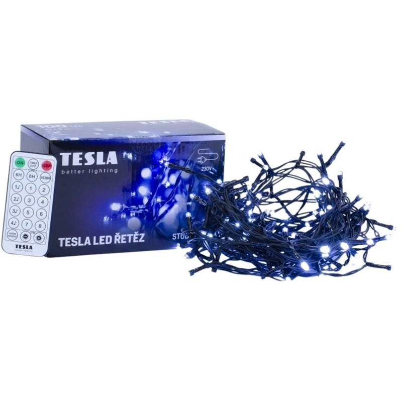 Vianočné osvetlenie Tesla Lightning dekoratívna reťaz, studený biely, 100 LED, 10m + 5m kábel, 230V, ovládač s 8 funkciami, IP44
