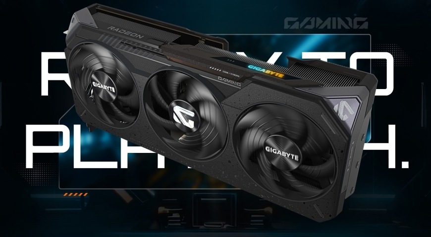Grafická karta GIGABYTE Radeon RX 9070 XT GAMING 16G čierna Grafická karta GIGABYTE Radeon RX 9070 XT GAMING 16G zobrazená v hernom futuristickom prostredí
