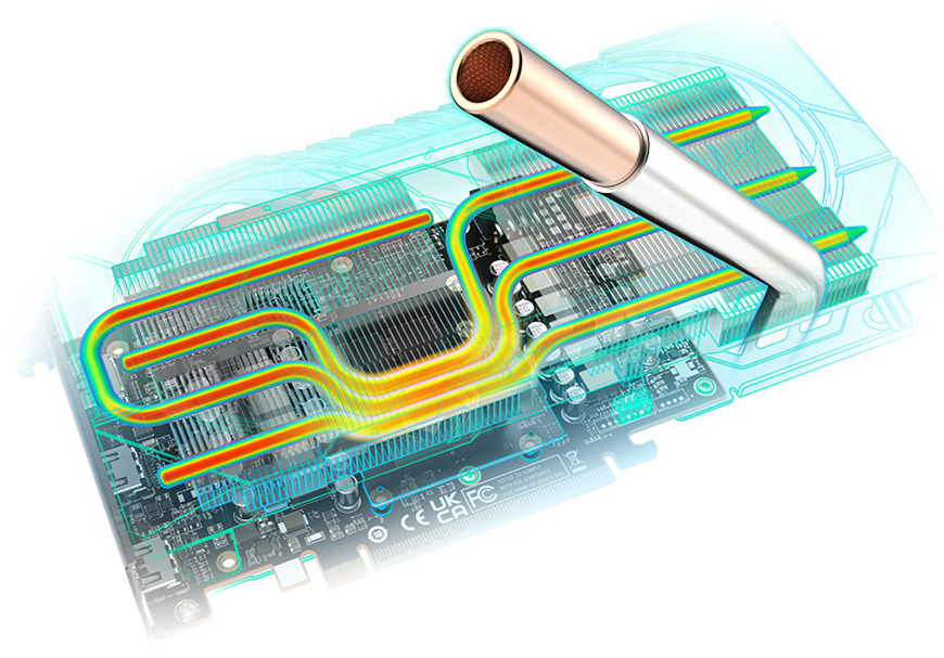 Vizualizácia prúdenia tepla v chladiči Sapphire Pulse RX 9060 XT pomocou heatpipe technológie