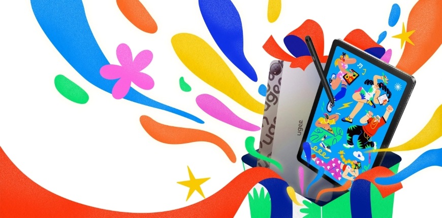 Pestré farby na pozadí a tabliet UGEE UT2 s ilustráciou v živých a jasných farbách