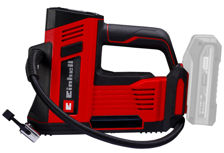 Kompresor Einhell Expert CE-CC 18/23 D Li-Solo (bez baterie) Bočný pohľad na akumulátorový kompresor Einhell Expert CE-CC 18/23 D Li-Solo s tlakovou hadicou