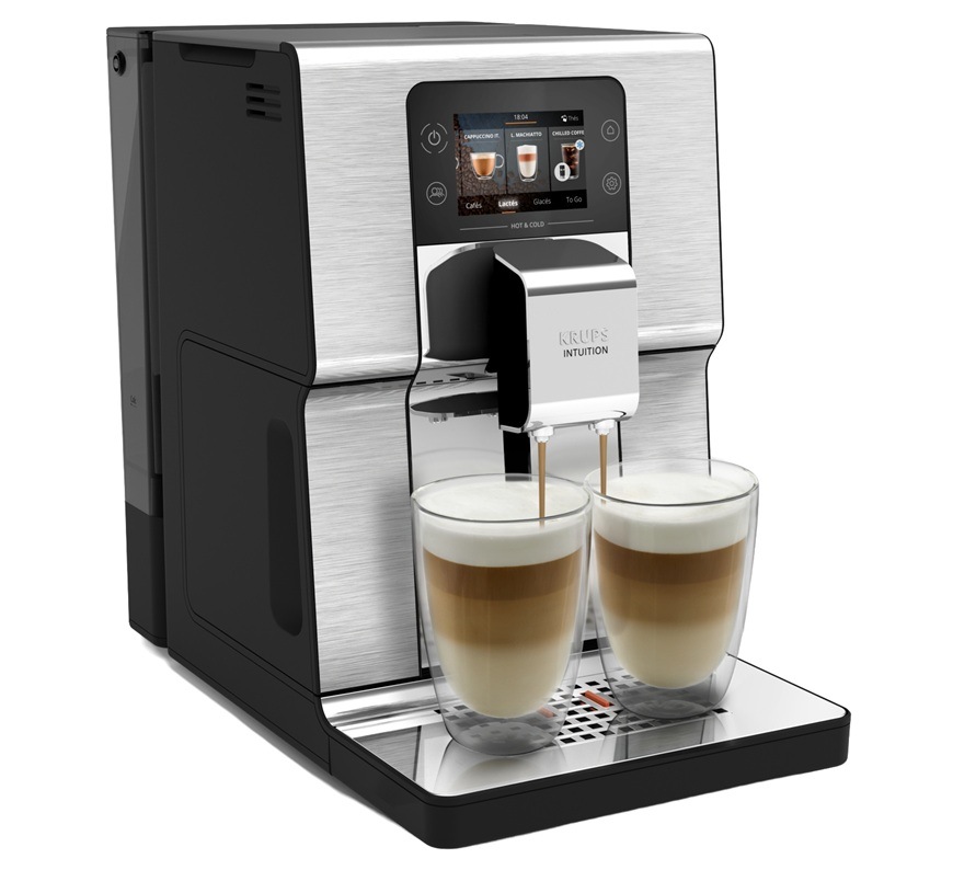Automatický kávovar Krups Intuition Hot&Cold na prípravu kávy s dotykovým displejom a dvoma šálkami.