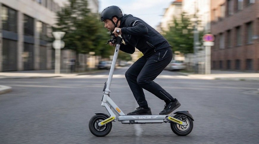 Elektrická kolobežka Sencor SCOOTER S71 LIGHT biela Elektrická kolobežka Sencor SCOOTER S71 LIGHT pri dynamickej jazde v mestskom prostredí.