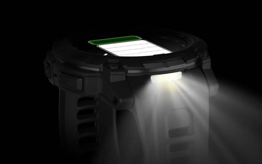 Inteligentné hodinky Garmin Instinct 3 - 50 mm AMOLED - Tactical Edition čierne Detail svietidla na Garmin Instinct 3 – 50 mm, AMOLED, Tactical Edition