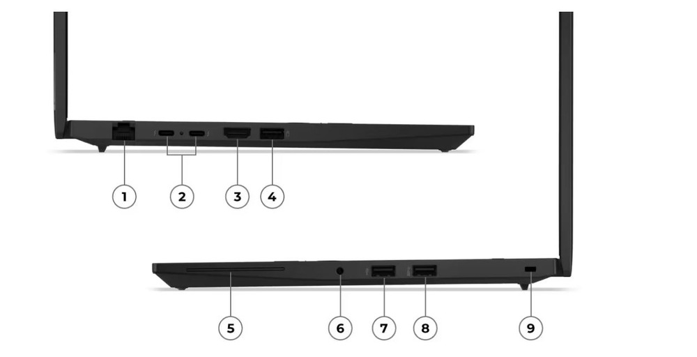 Notebook Lenovo ThinkPad L14 Gen 6 čierny Bočný pohľad na notebook s portami označenými číslami 1 až 9. Horné porty zahŕňajú USB-C, HDMI, Ethernet; tie spodnú čítačku kariet, USB a audio konektor.