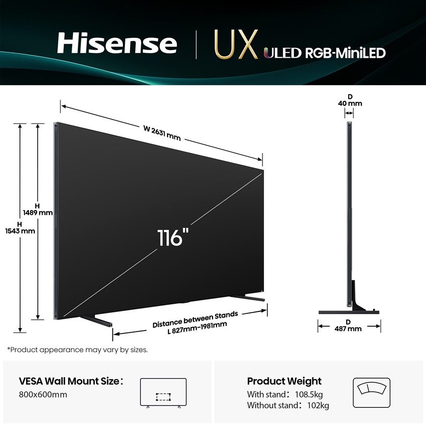 Na obrázku sú rozmery, vesa a váha televízora Hisense 116UXQ