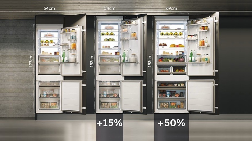 tri vstavané chladničky haier s rôznymi rozmermi a percentuálny nárast kapacity modelov