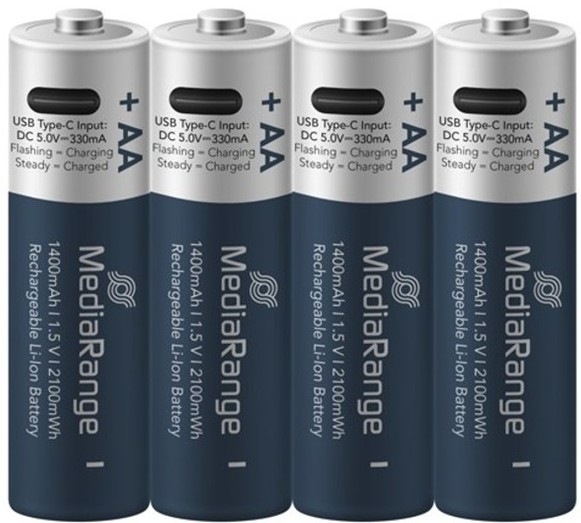 Nabíjací USB-C Li-Ion batéria MediaRange Mignon AA, 1,5 V, 1400 mAh v počte 4ks
