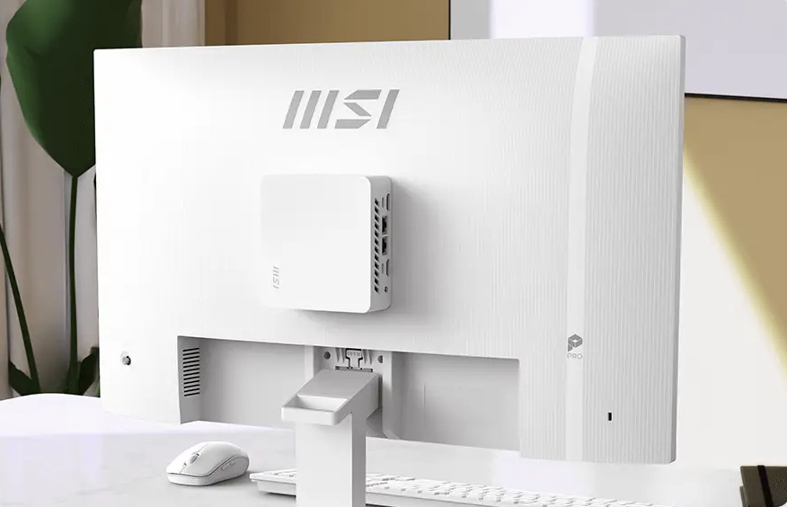Monitor MSI PRO MP273W E14A biely Zadná strana monitora MSI PRO MP273W E14A s kompatibilným mini PC upevneným pomocou VESA uchytenia