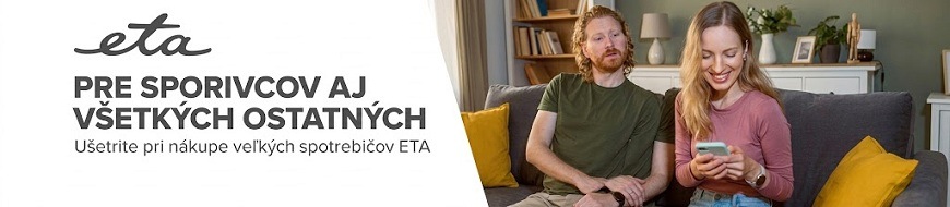 Mraznička ETA 285490000D biela Banner značky ETA na cashback s textom „Pre šetríky aj všetky ostatné – Ušetrite pri nákupe veľkých domácich spotrebičov ETA“ a fotografií páru na pohovke so smartfónom