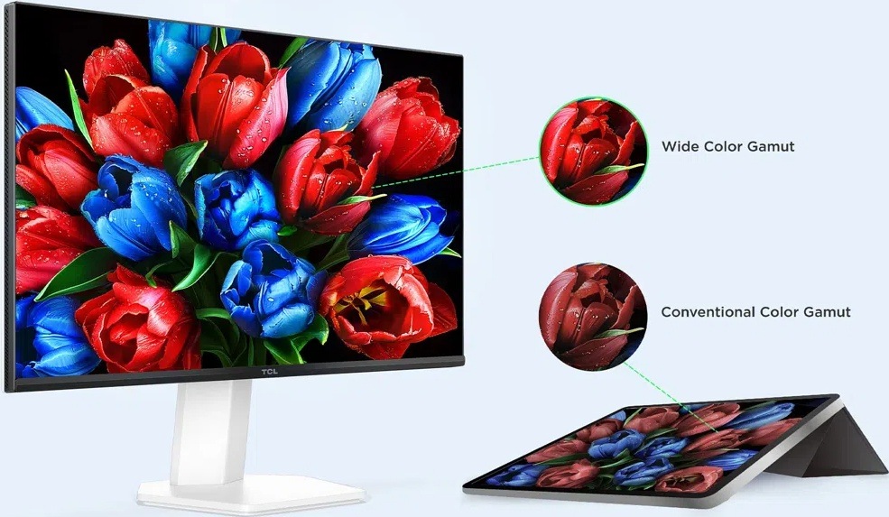 Herný monitor TCL 24G54 biely Monitor TCL 24G54 s porovnaním malého a širokého farebného gamutu