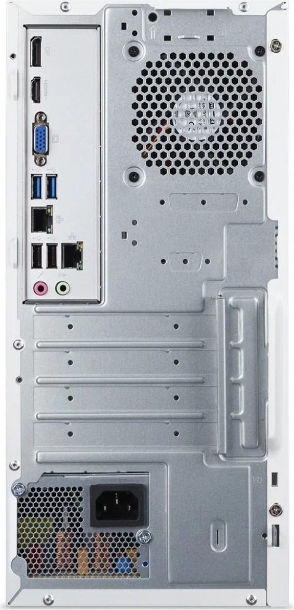 Stolný počítač Acer Aspire TC-102 biely/hnedý Na obrázku je zadná strana stolného počítača Acer Aspire TC-102 v bielej skrini. V hornej časti sa nachádza veľká voštinová vetracia mriežka so systémovým ventilátorom. Vľavo je zvislý panel konektorov, ktorý zahŕňa obrazové výstupy DisplayPort, HDMI a VGA, niekoľko portov USB-A, sieťový konektor LAN a dva farebne rozlíšené 3,5 mm audio konektory pre mikrofón a zvukový výstup. V spodnej časti sú záslepky rozširujúcich pozícií a napájací zdroj so sieťovým konektorom a vlastnou vetracou mriežkou.