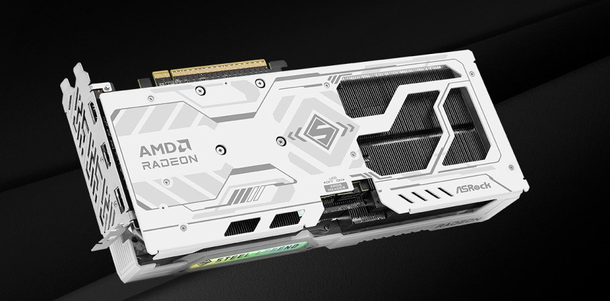 Grafická karta ASRock AMD Radeon RX 9060 XT Steel Legend 16GB OC biela Zadný kovový backplate ASRock Radeon RX 9060 XT Steel Legend v bielej farbe s výrazným designom