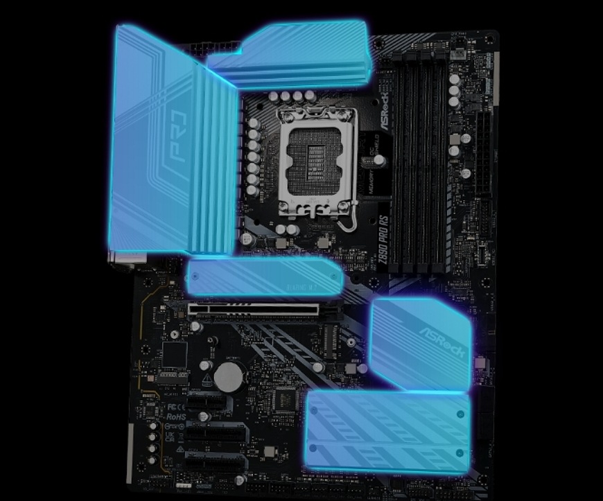Základná doska ASRock Z890 PRO RS Prehľad pasívneho chladenia VRM, čipsetu a M.2 slotov na základnej doske ASRock Z890 PRO RS