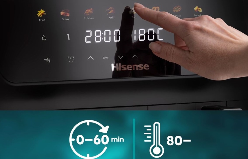 Fritéza teplovzdušná Hisense HAF2700DCD čierna detail na ovládací panel fritézy Hisense HAF2700DCD. Je možné nastaviť teplotu aj časovač.
