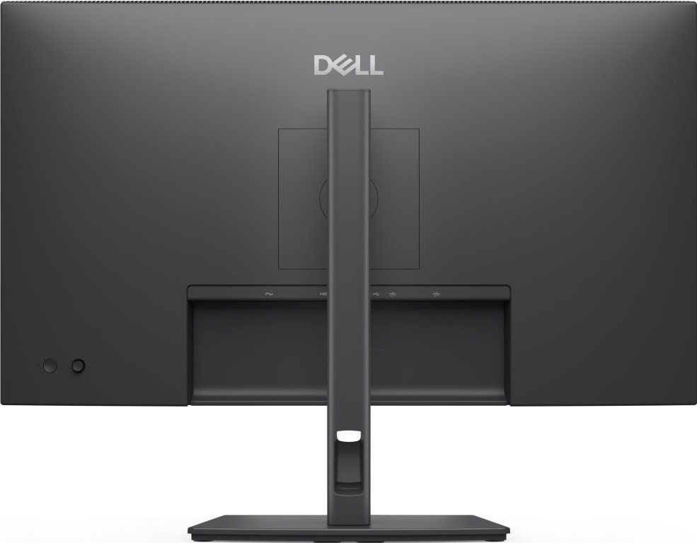 Monitor Dell Pro P2726H sivý Zadný pohľad na šedý monitor Dell Pro P2726H s centrálnym stojanom, otvorom na vedenie káblov a zapusteným panelom konektorov v spodnej časti.