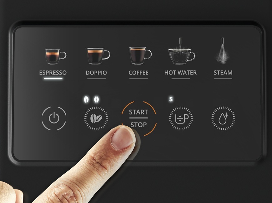 Automatický kávovar Krups EA201BE0 My Coffee Steam čierny/svetlo šedá Detailný záber na digitálny dotykový displej pri automatickom kávovare Krups EA201BE0.